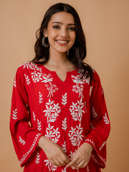 Mahima in Fizaa Rayon Cotton Chikankari Kurta - Red